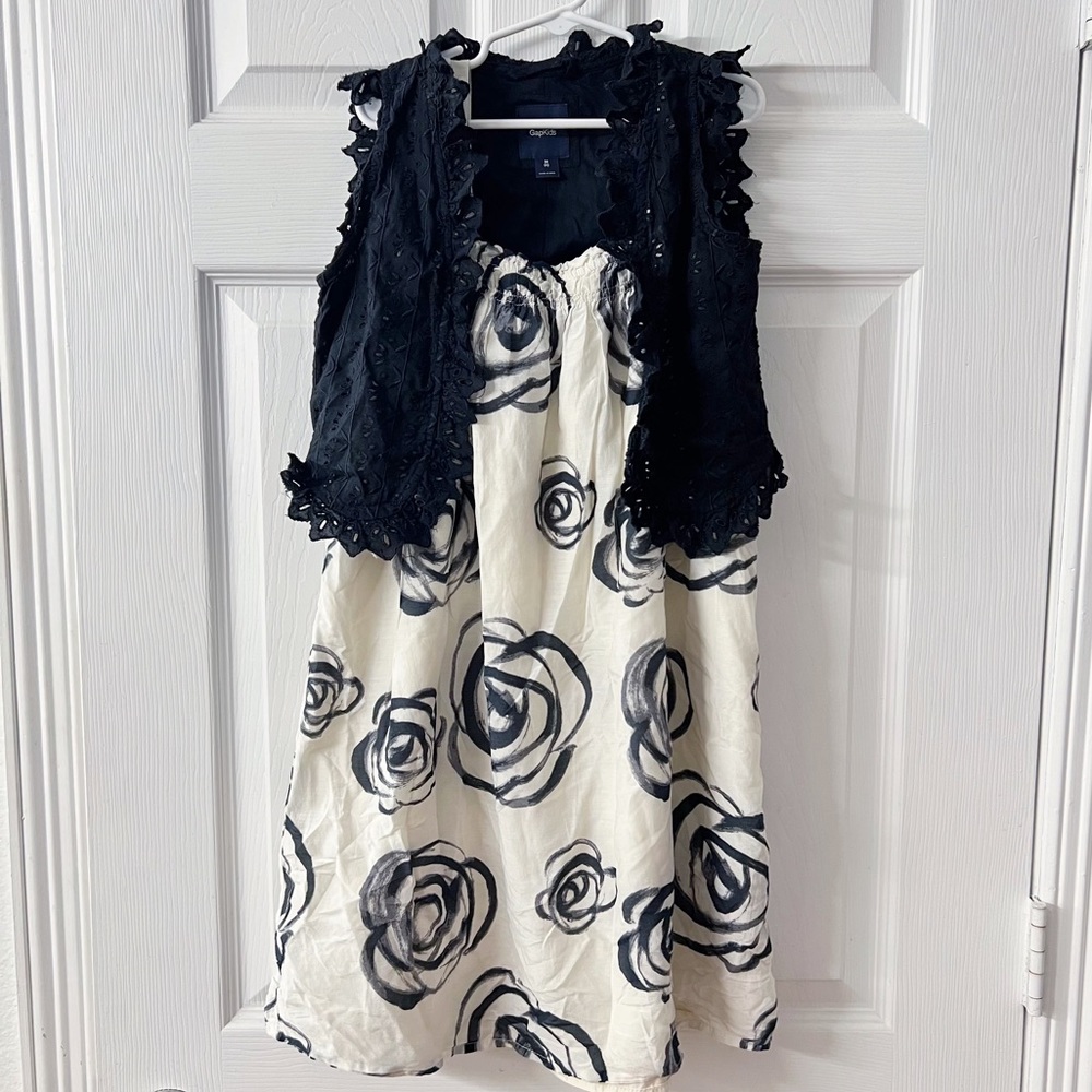 Gap Kids | Silk Blend Cream Smocked Sundress With Black Rose Print Vest